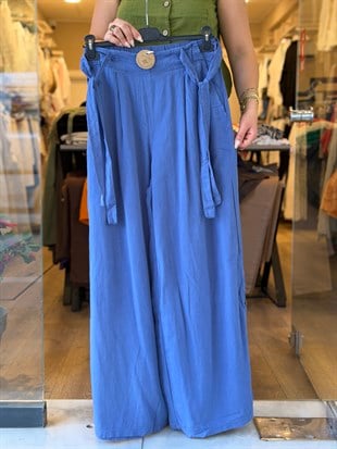 Beli Kurdele Detaylı Geniş Pantolon Mavi