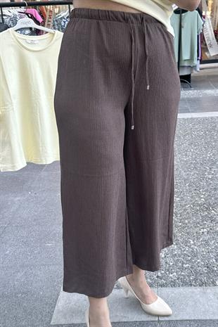 Beli Lastikli Gofre Kumaş Palazzo Pantolon Kahverengi