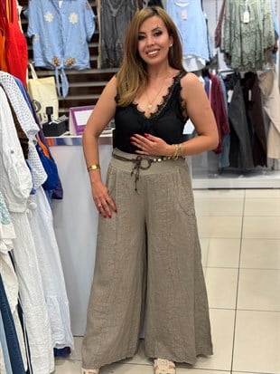 Beli Lastikli Kemer Detaylı Geniş Paça Pantolon Vizon