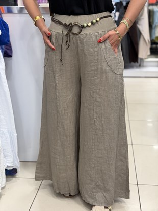 Beli Lastikli Kemer Detaylı Geniş Paça Pantolon Vizon
