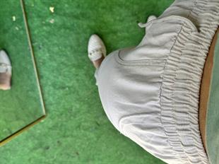 Beli Lastikli Paça Detaylı Keten Pantolon Krem