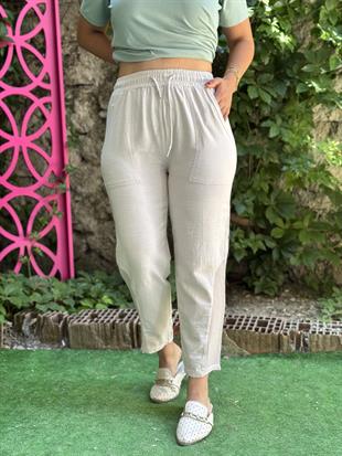 Beli Lastikli Paça Detaylı Keten Pantolon Krem