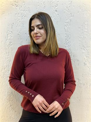 Bilek Düğme Detaylı V Yaka Kaşmir Bluz Bordo