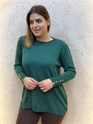 Bilek Düğme Detaylı Yuvarlak Yaka Bluz Yeşil