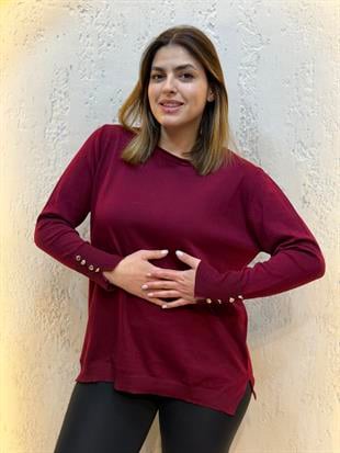 Bilek Düğme Detaylı Yuvarlak Yaka Bluz Bordo