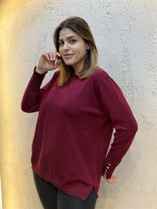 Bilek Düğme Detaylı Yuvarlak Yaka Bluz Bordo