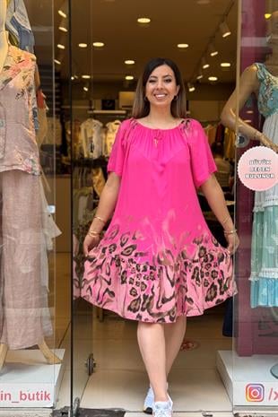 Büzgü Detaylı Leopar Desenli Elbise Pembe