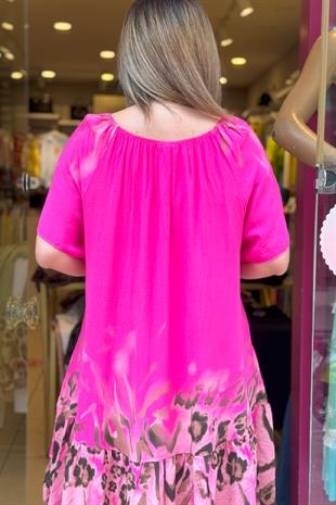 Büzgü Detaylı Leopar Desenli Elbise Pembe