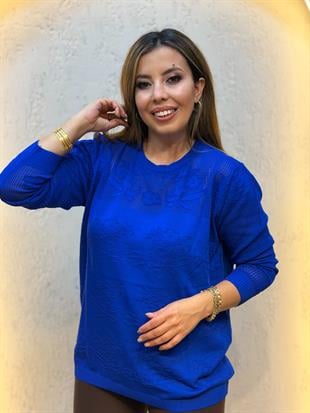 Çiçek Ajurlu Uzun Kollu Triko Bluz Saks Mavi