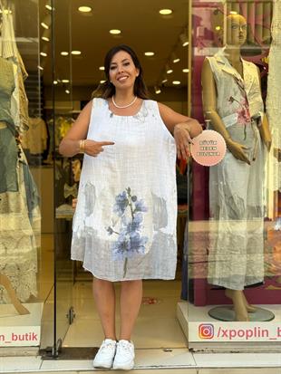 Çiçek Desenli Kolsuz İthal Elbise Beyaz