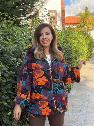 Çiçek Kabartma Desenli Kısa İthal Keçe Kaban Turuncu Mavi