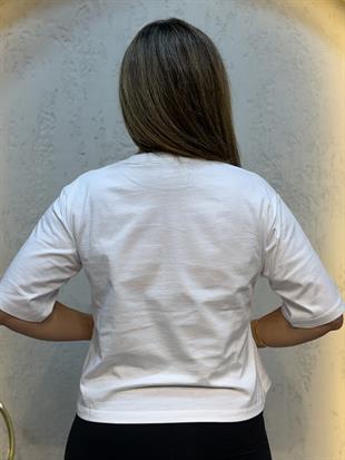 Cep İşleme Detaylı Duble Kol %100 Pamuk T-shirt Beyaz