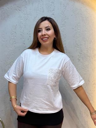 Cep İşleme Detaylı Duble Kol %100 Pamuk T-shirt Beyaz