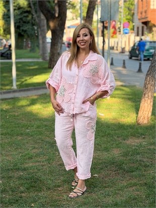 Çiçek Desenli Taşlı İkili Takım Pembe