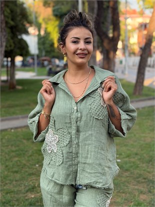 Çiçek Desenli Taşlı İkili Takım Yeşil
