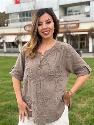 Çiçek Kabartma Desenli Pamuk Gömlek Vizon