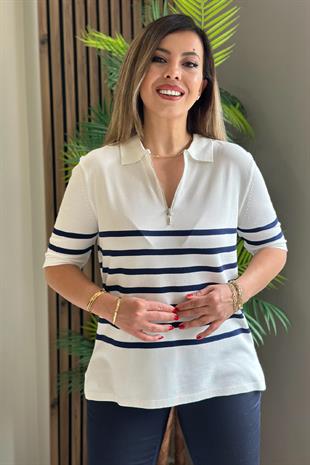 Çizgi Detaylı Yakalı Fermuarlı Merserize Bluz