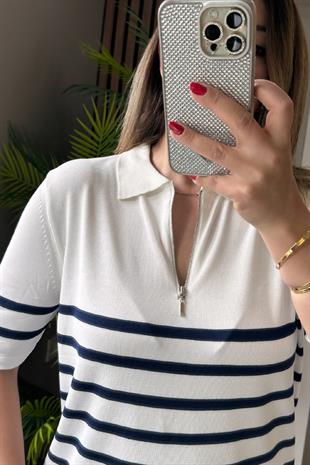 Çizgi Detaylı Yakalı Fermuarlı Merserize Bluz