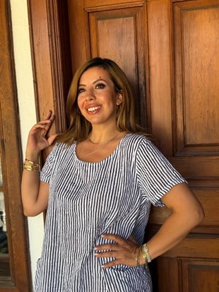 Çizgili Cep Detaylı Rahat Kesim Elbise Lacivert