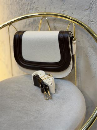 Deri Kenarlı Çapraz Askılı Clutch Keten Çanta