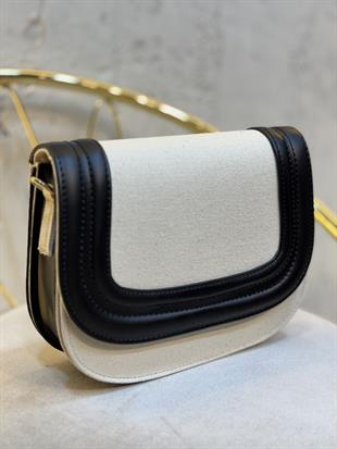 Deri Kenarlı Çapraz Askılı Clutch Keten Çanta