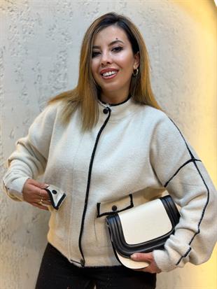 Deri Kenarlı Çapraz Askılı Clutch Keten Çanta