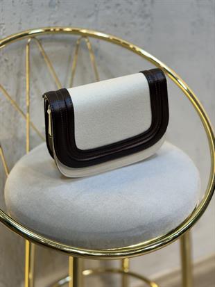 Deri Kenarlı Çapraz Askılı Clutch Keten Çanta