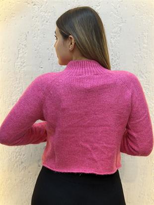 Dik Yaka Desenli Crop Kazak Pembe
