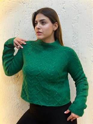 Dik Yaka Desenli Crop Kazak Yeşil