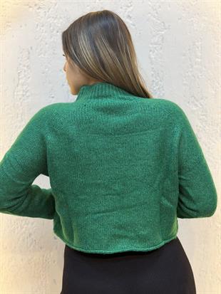 Dik Yaka Desenli Crop Kazak Yeşil