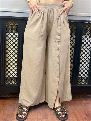 Düğme Detaylı Beli Lastikli Pantolon Camel