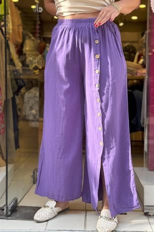 Düğme Detaylı Pantolon Mor