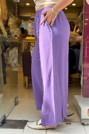 Düğme Detaylı Pantolon Mor