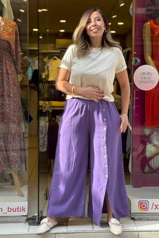 Düğme Detaylı Pantolon Mor
