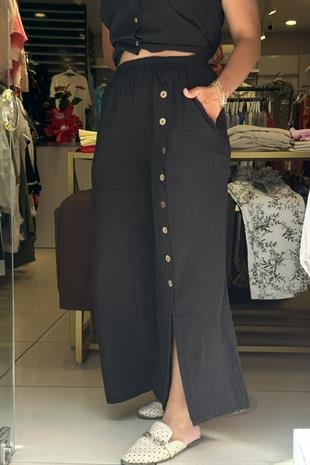 Düğme Detaylı Pantolon Siyah