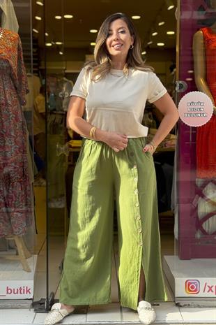 Düğme Detaylı Pantolon Yeşil