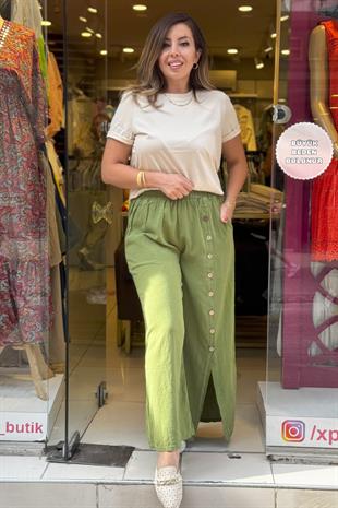 Düğme Detaylı Pantolon Yeşil