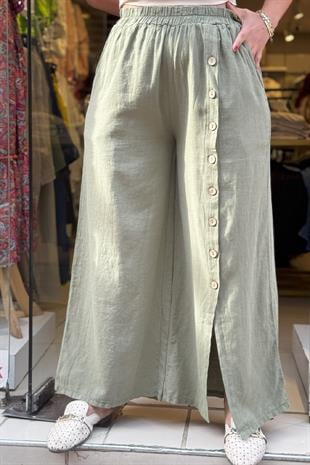Düğme Detaylı Pantolon Zeytin Yeşili