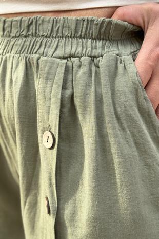 Düğme Detaylı Pantolon Zeytin Yeşili