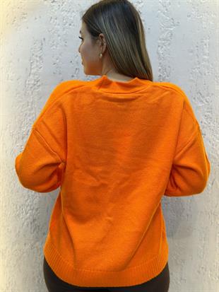 Düğmeli Kupa Kızı Hırka Neon Turuncu