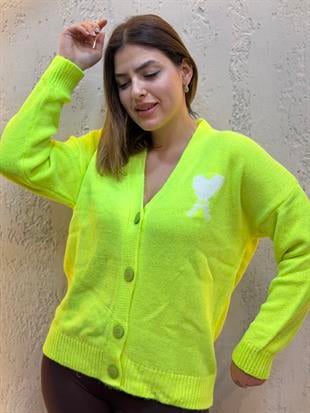 Düğmeli Kupa Kızı Hırka Neon Yeşil