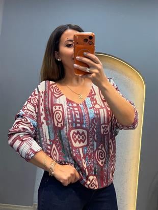 Etnik Desen İthal Bluz Bordo