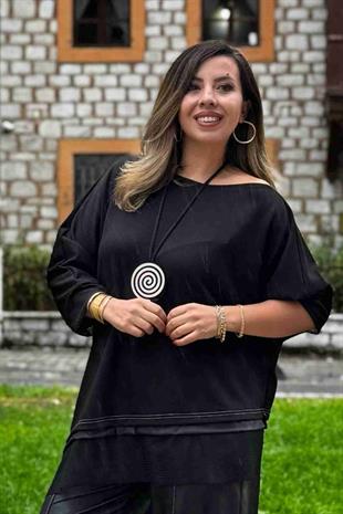 File Detaylı İki İplik Eşofman Kumaş Kolyeli İthal Bluz