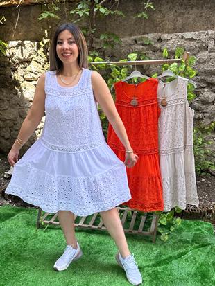 Fistolu %100 Pamuk Elbise Beyaz