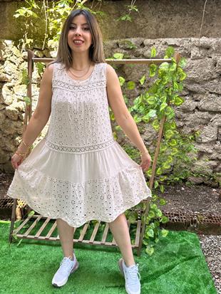 Fistolu %100 Pamuk Elbise Krem