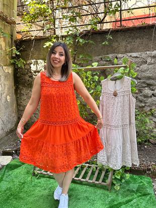 Fistolu %100 Pamuk Elbise Turuncu