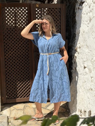 Fistolu Kemer Detay Polo Yaka Elbise Mavi