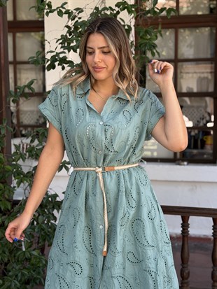 Fistolu Kemer Detay Polo Yaka Elbise Yeşil