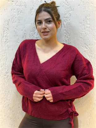 Fiyonklu Kruvaze Yaka Triko Bordo