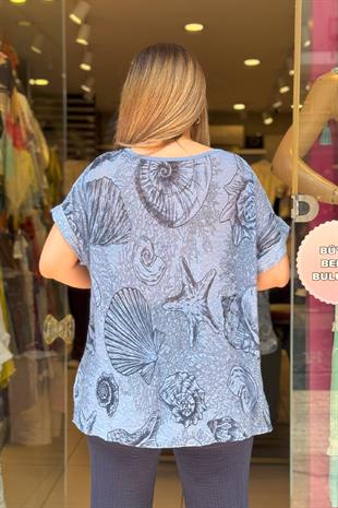 Fular Detaylı İthal Bluz Mavi